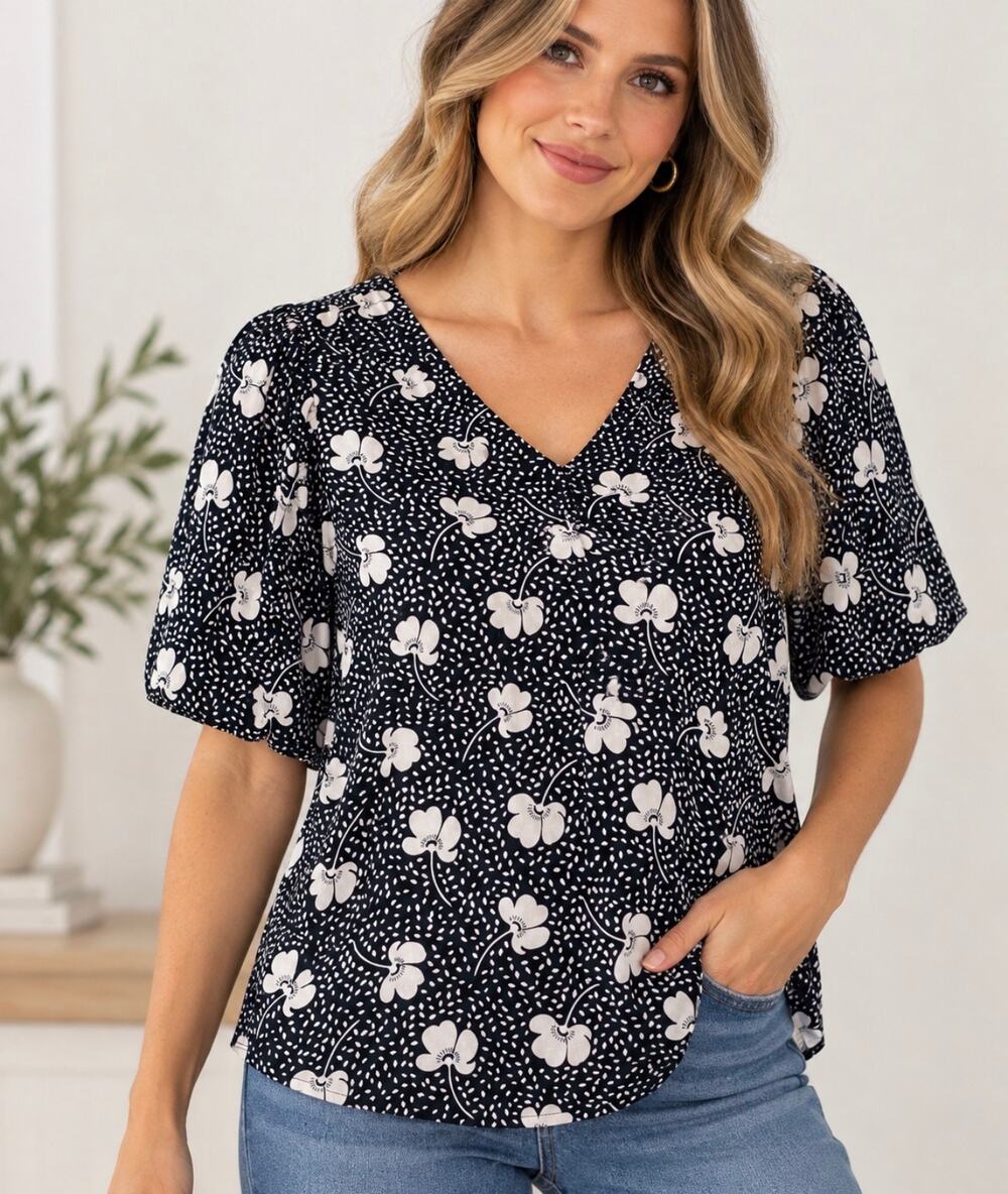 Cabi Size S Black White Floral Blouse V Neck Flutter Sleeve Cottagecore